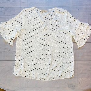 Ann Taylor LOFT Sheer Black and White Polka Dot Blouse Ruffle Sleeves sz M